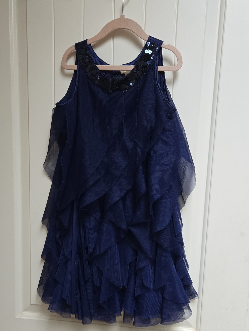 Tge Children Place Girls Size 8 Navy Tiered Mesh Formal Dress Sequined Collar